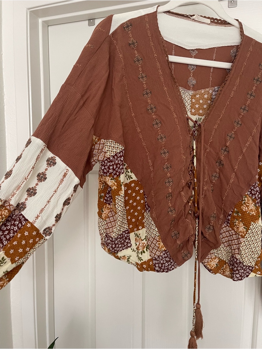 Miss Me Rust Brown Patchwork Lace-Up Boho Blouse